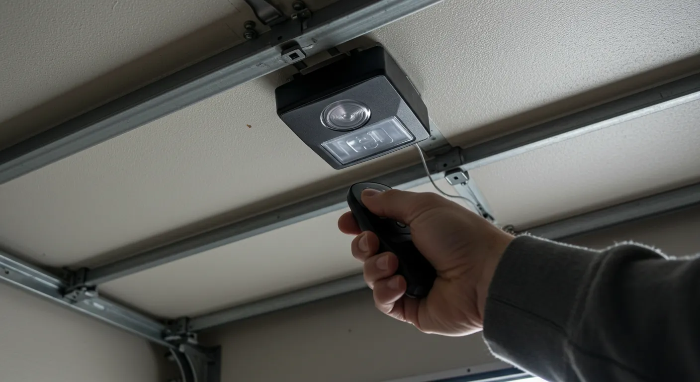 A hand holds a garage door remote, pointing up at the ceiling-mounted light of a garage opener unit.
