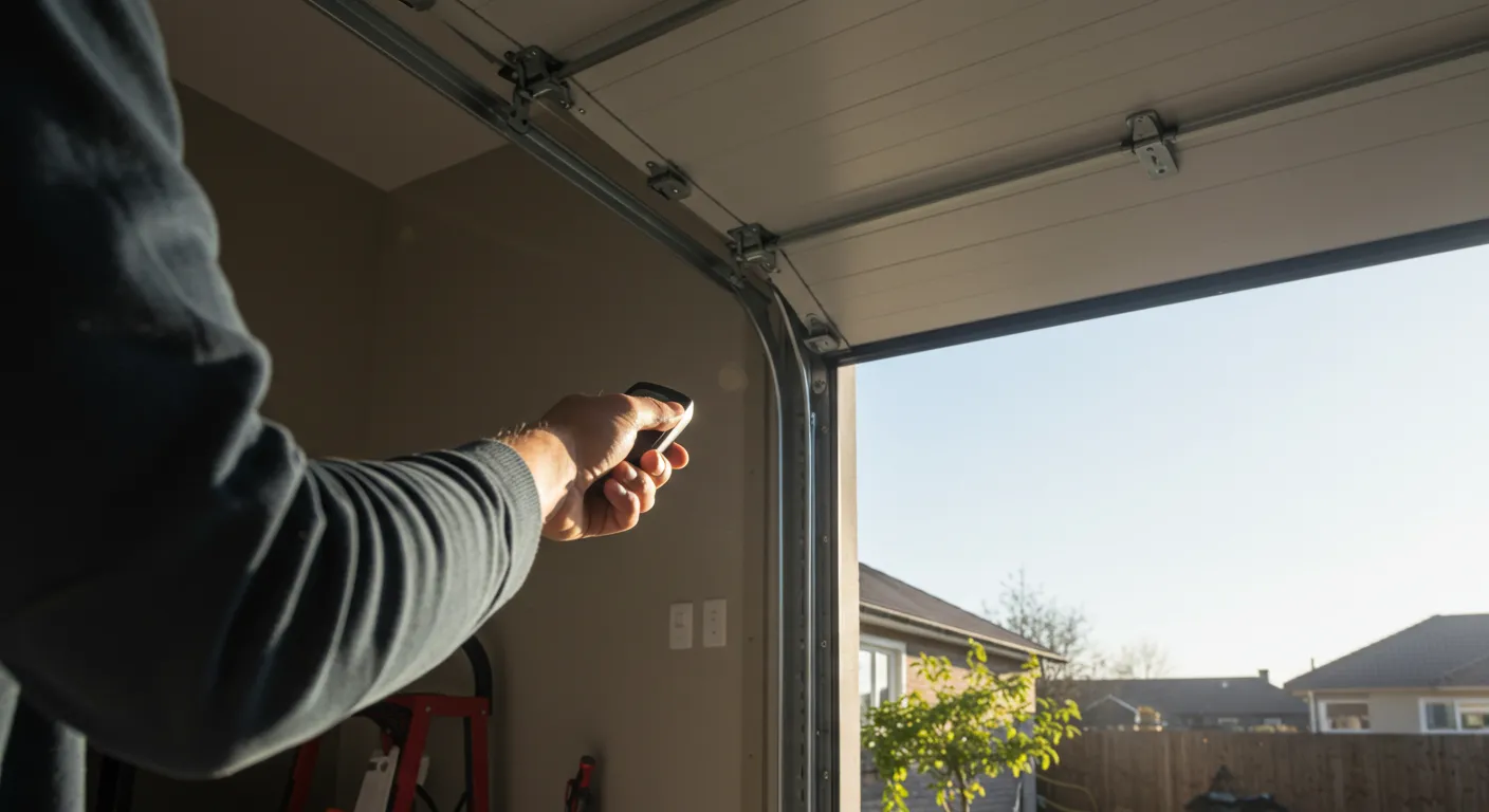 A hand holds a remote, facing an open garage door with sunlight streaming into the garage.