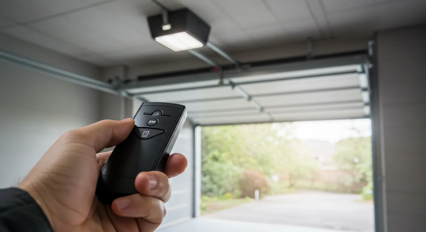 A person's hand holding a garage door remote, with the garage door open and a bright light fixture on the ceiling.
