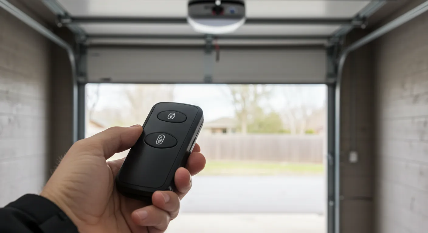 A close-up of a hand holding a garage door remote, with a suburban driveway and open garage door in the background.