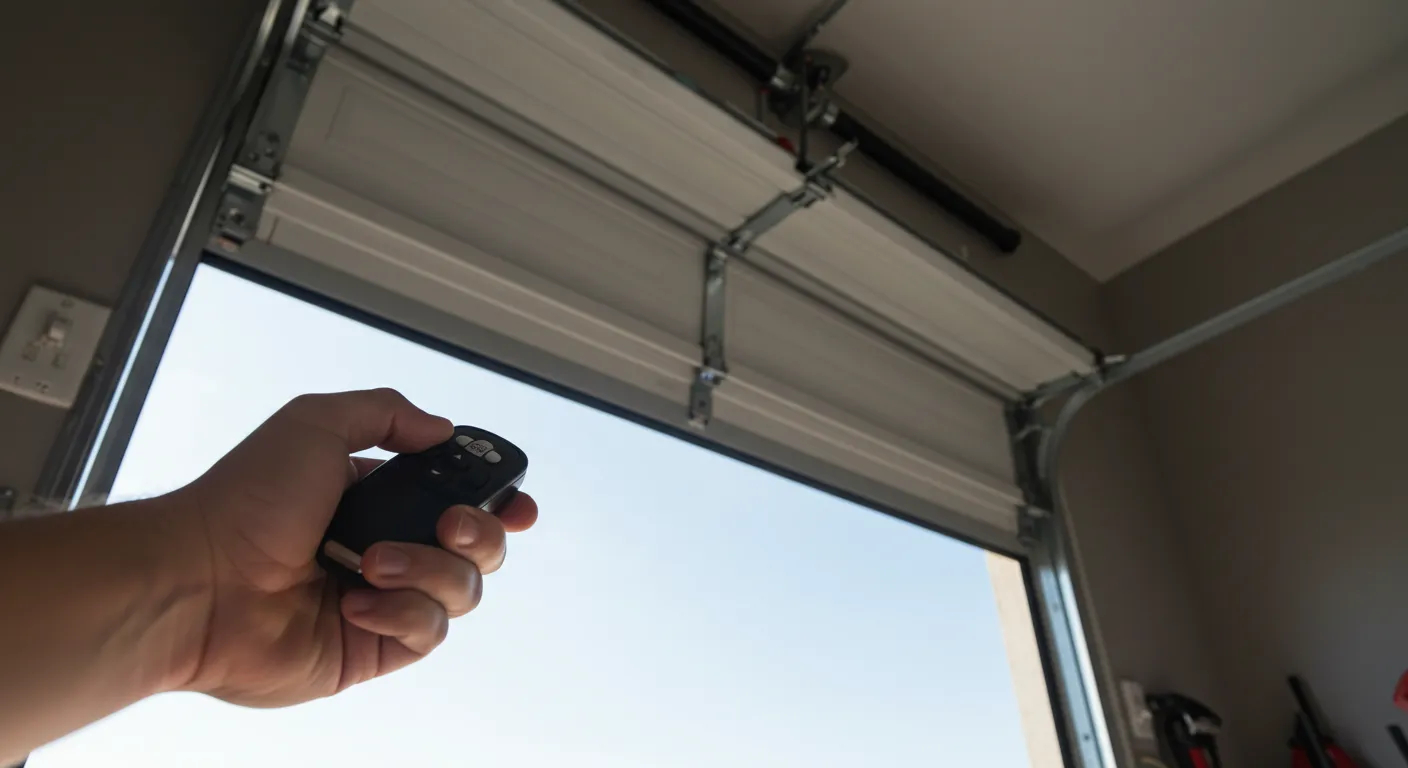 Hand holding a garage door remote from a low angle, with a view of the open garage door tracks and a blue sky.