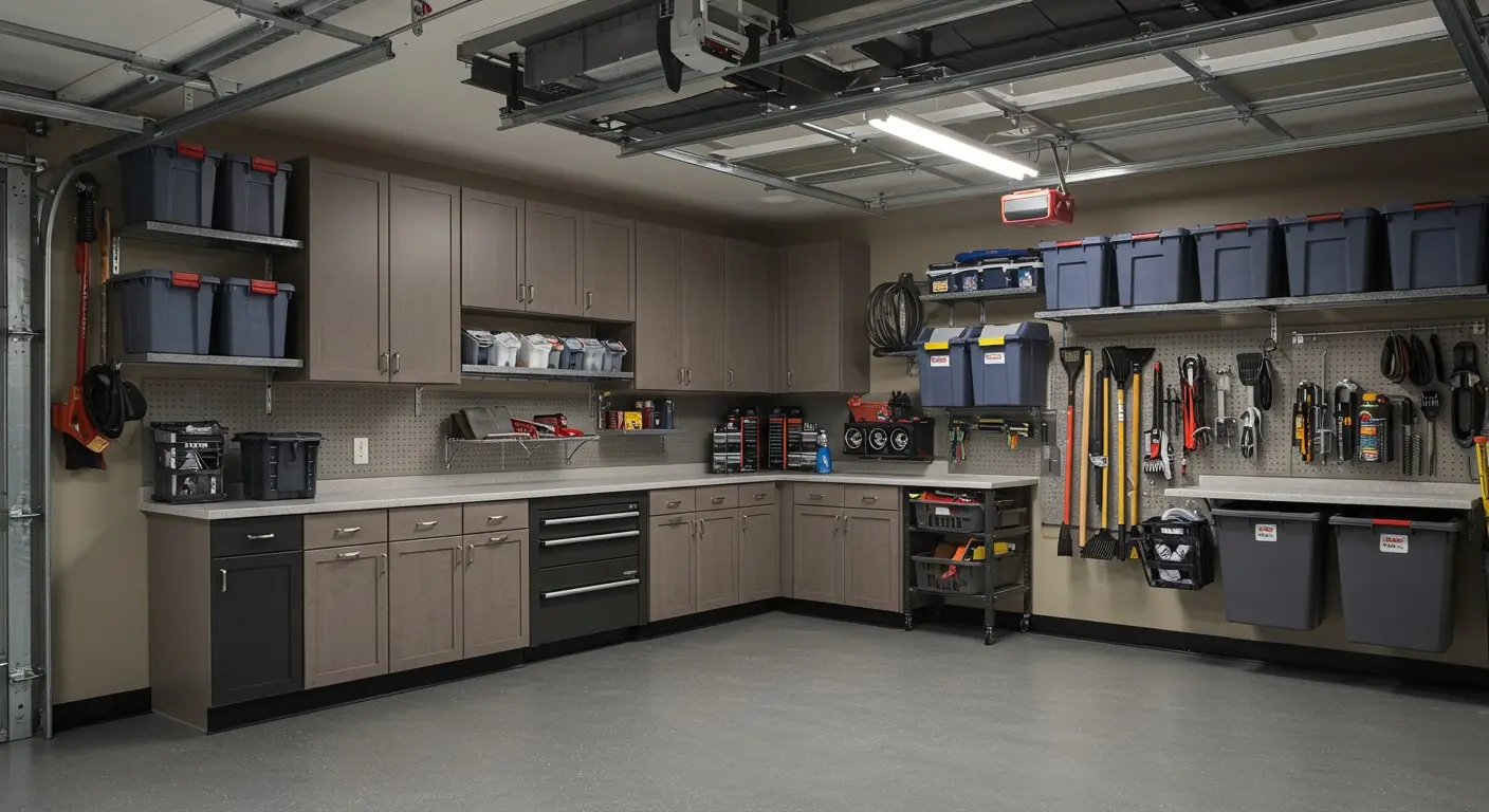 Neat, organized garage with storage cabinets.