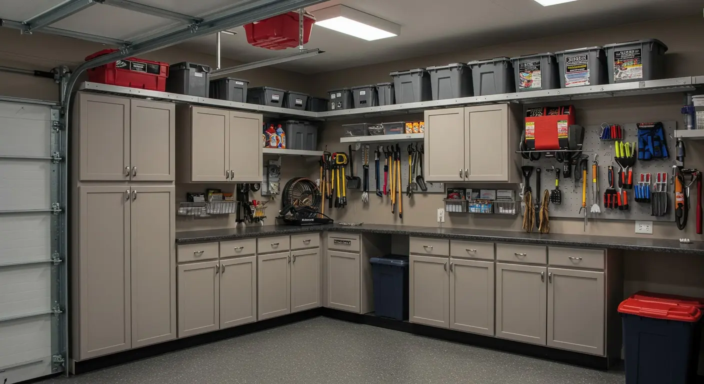 Clean, organized garage with taupe cabinets.