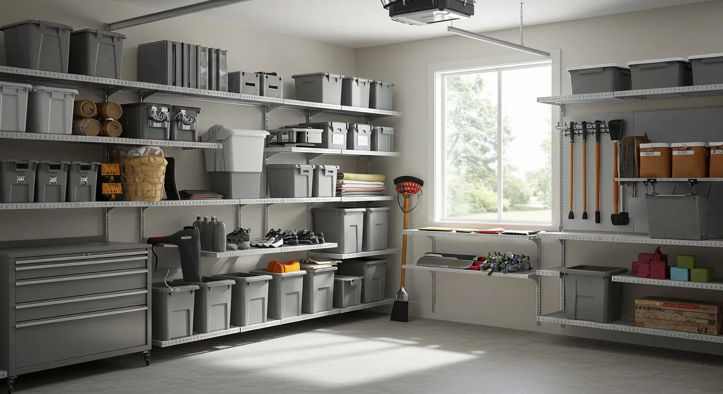 Spacious garage with extensive wall shelving.