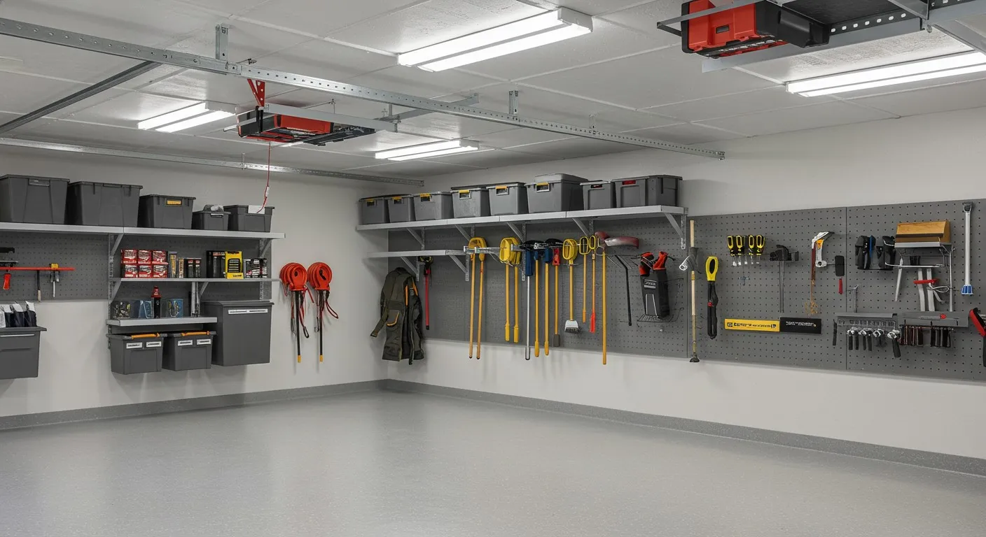 White and gray garage tool storage.