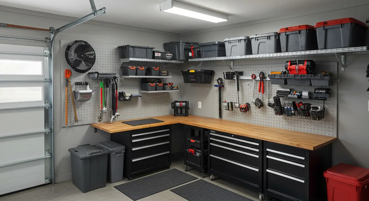 Dark, modern garage with wooden workbench.