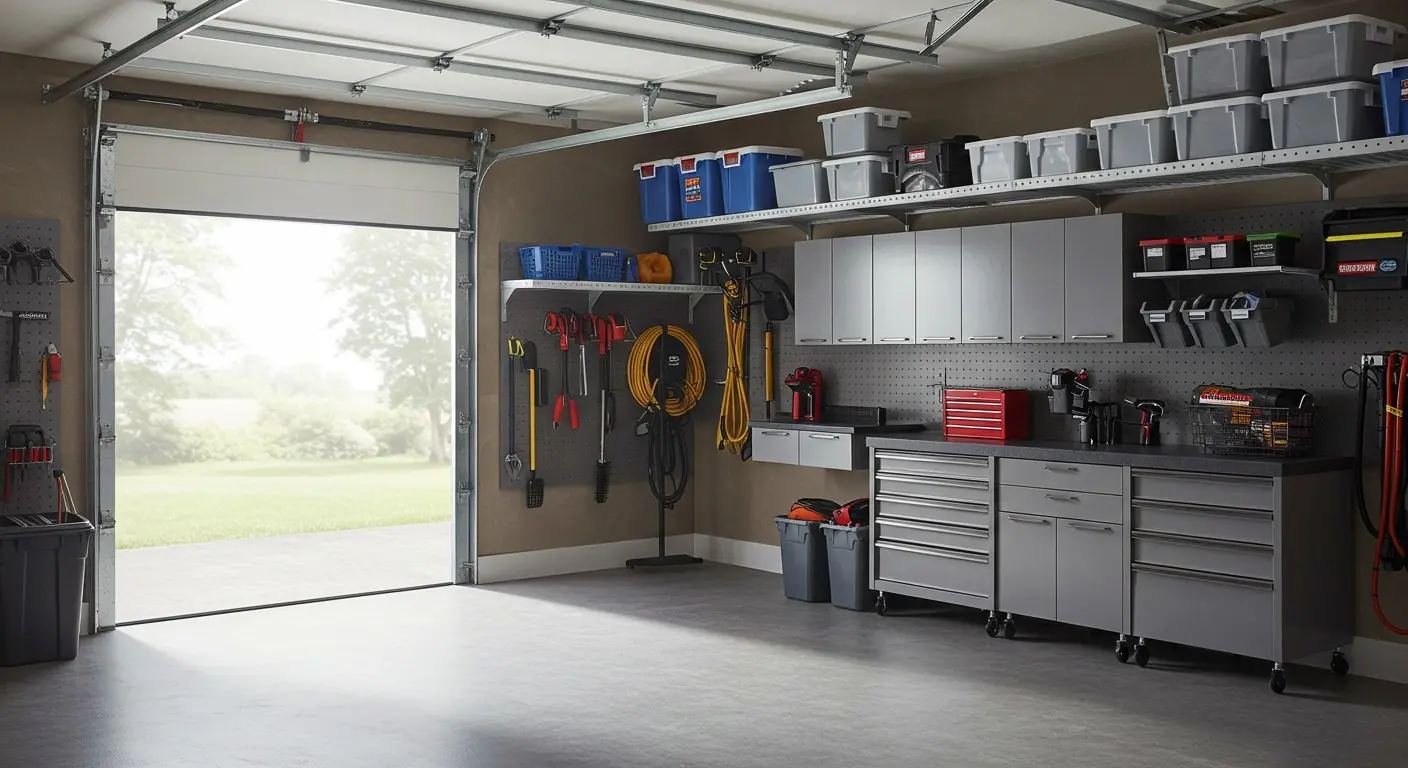 Bright, organized garage with cabinets, tools.