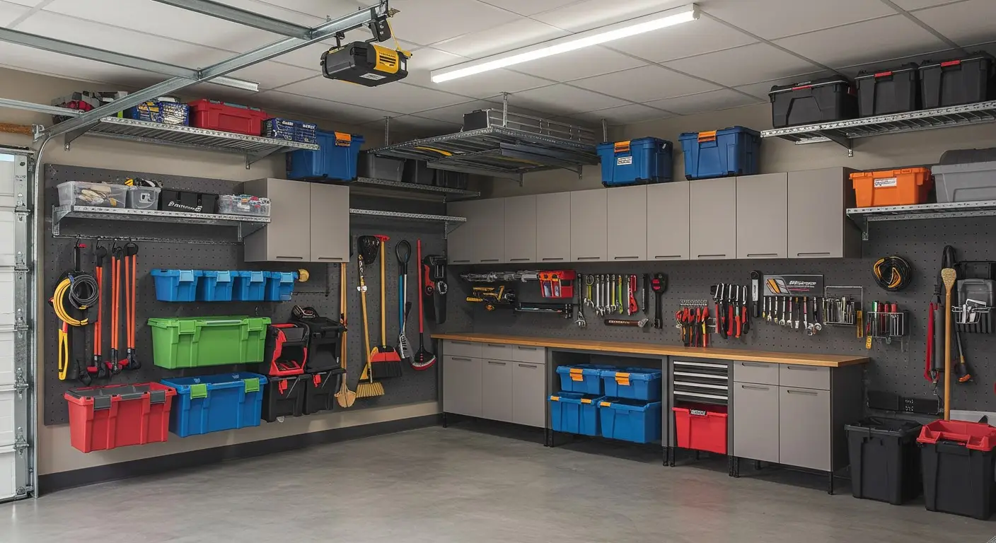 Garage with varied colorful storage bins.