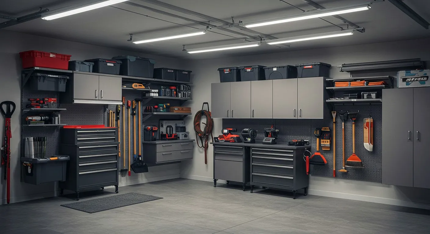 Spacious, well-organized garage with workbench.