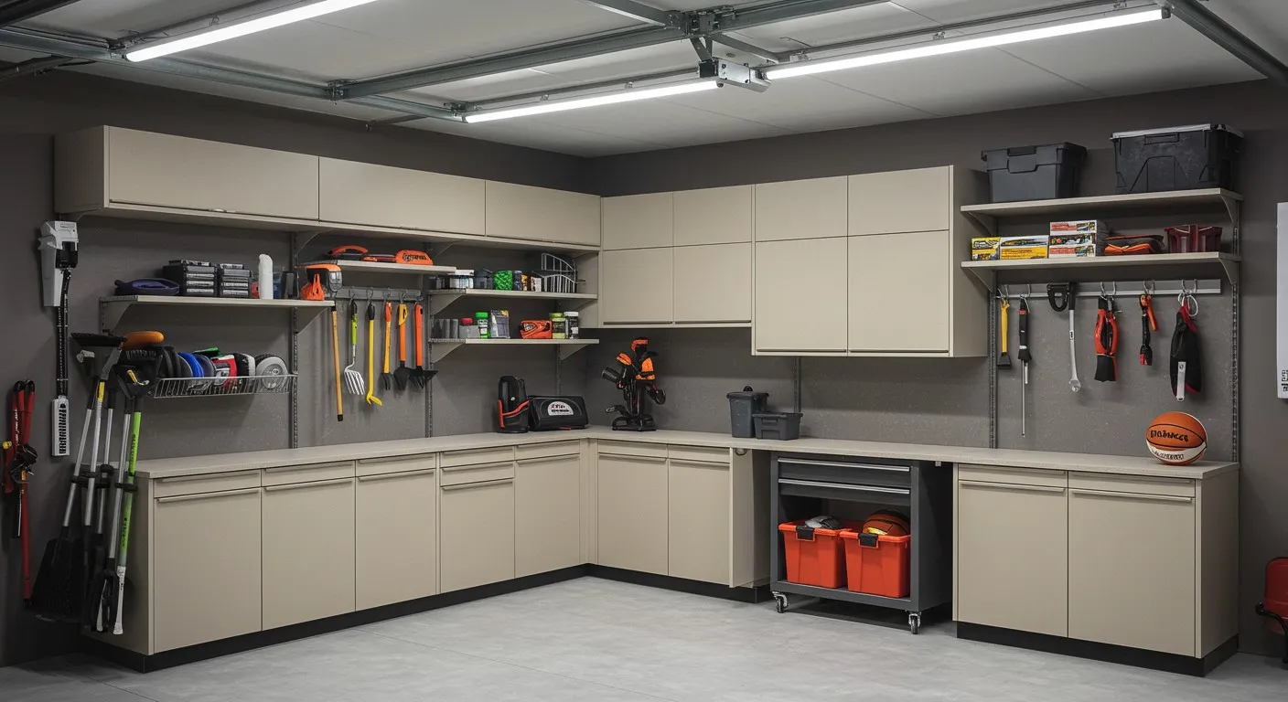 Tan colored garage storage and workbench.