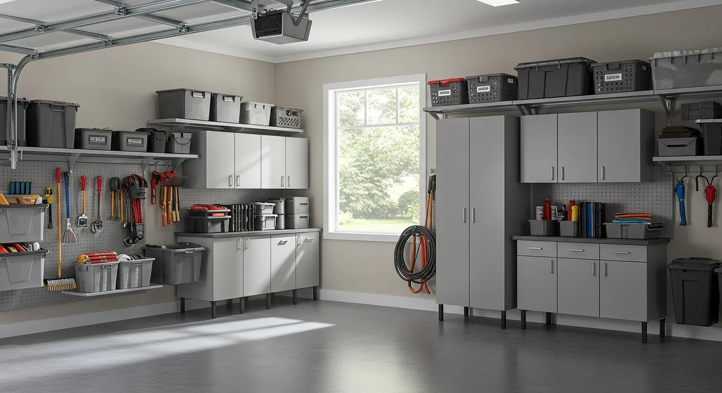 Light, tidy garage with modular cabinets.