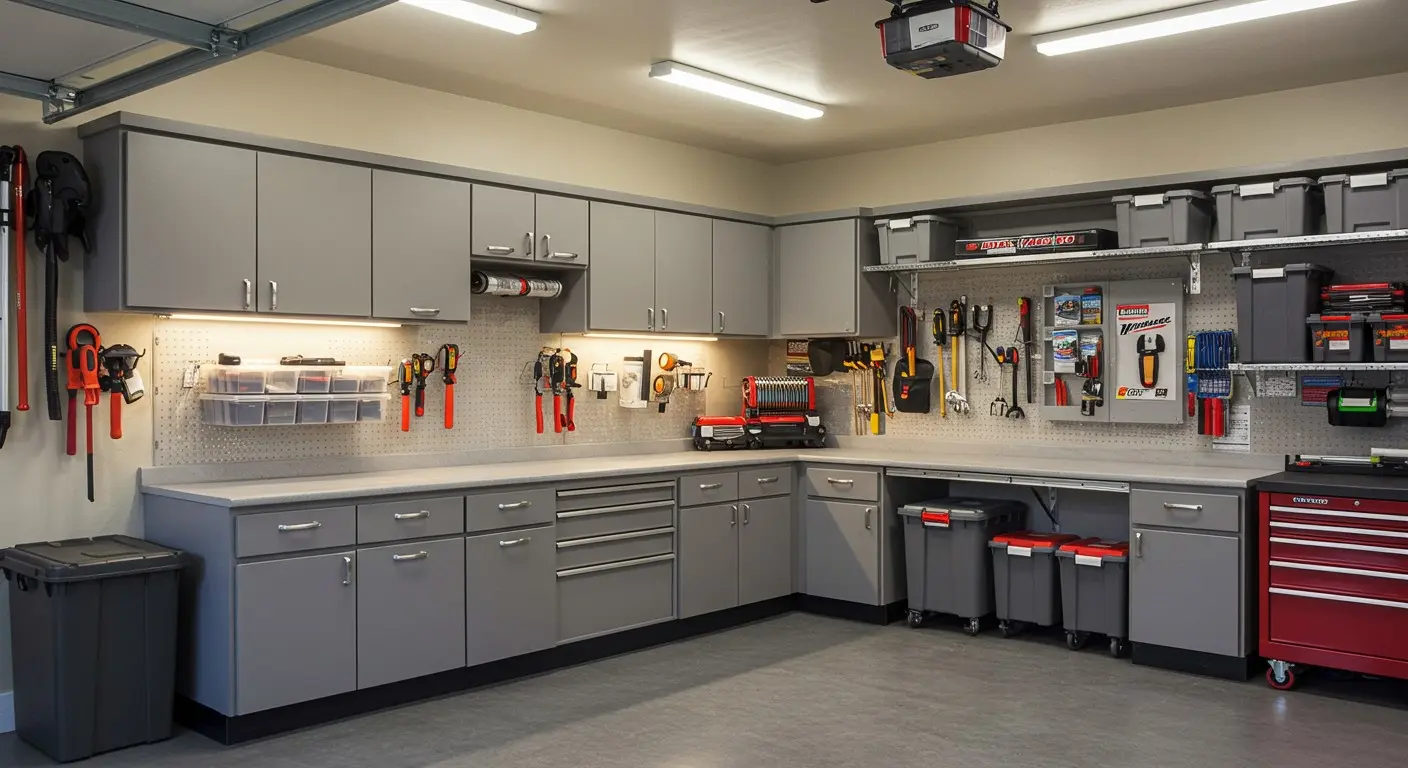 Spacious garage with grey storage cabinets.