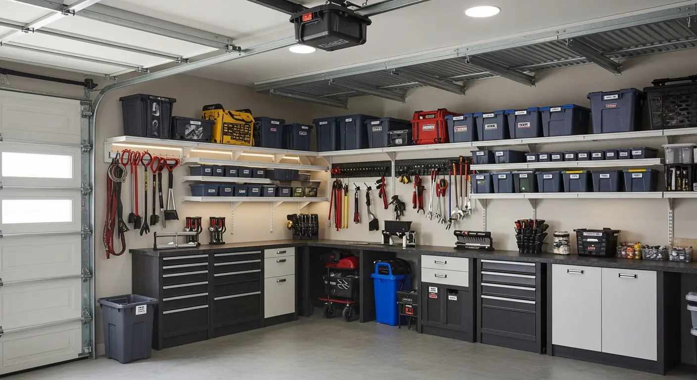 Dark garage cabinets with light countertops.