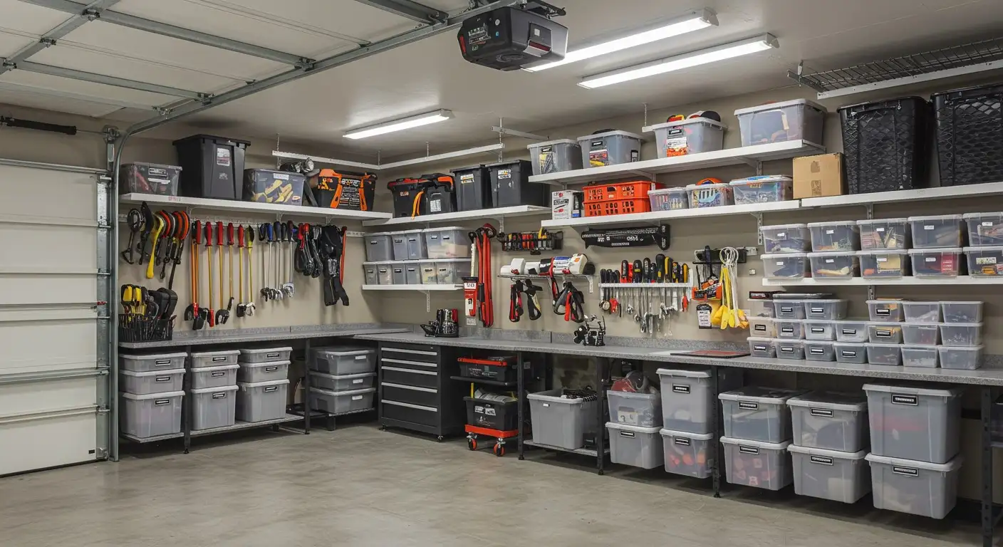 Organized garage with extensive storage bins.