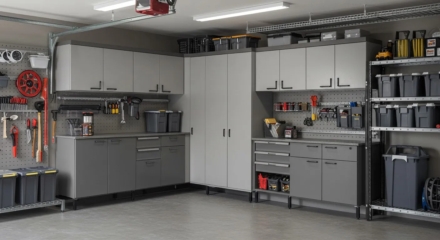 Spacious, organized garage with grey cabinets.