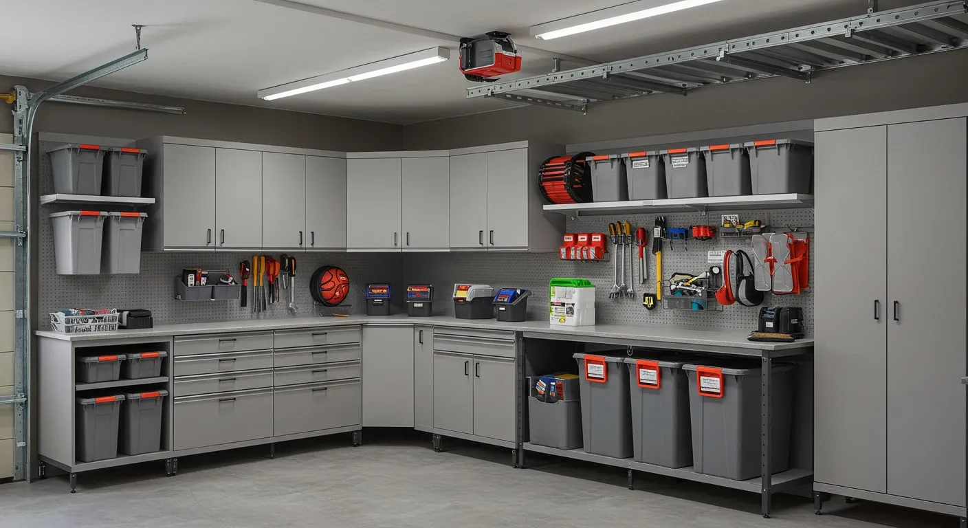 Neat garage with extensive gray cabinets.