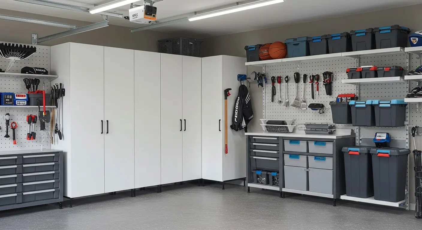 White, modern, organized garage cabinets.