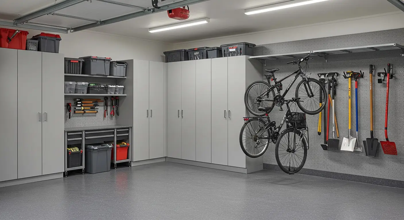 Garage with bicycles, tools, and cabinets.