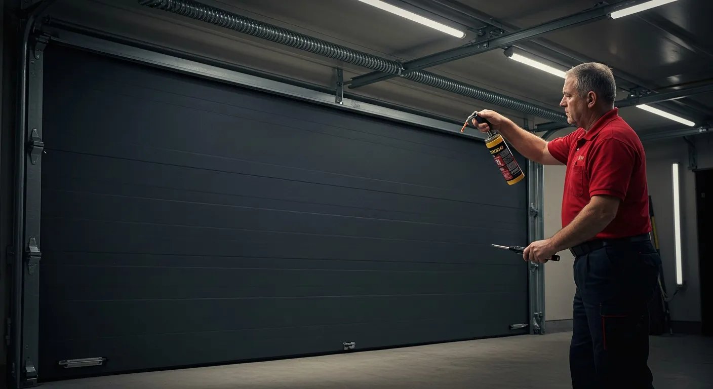 A man in a red shirt sprays lubricant on a large black garage door.