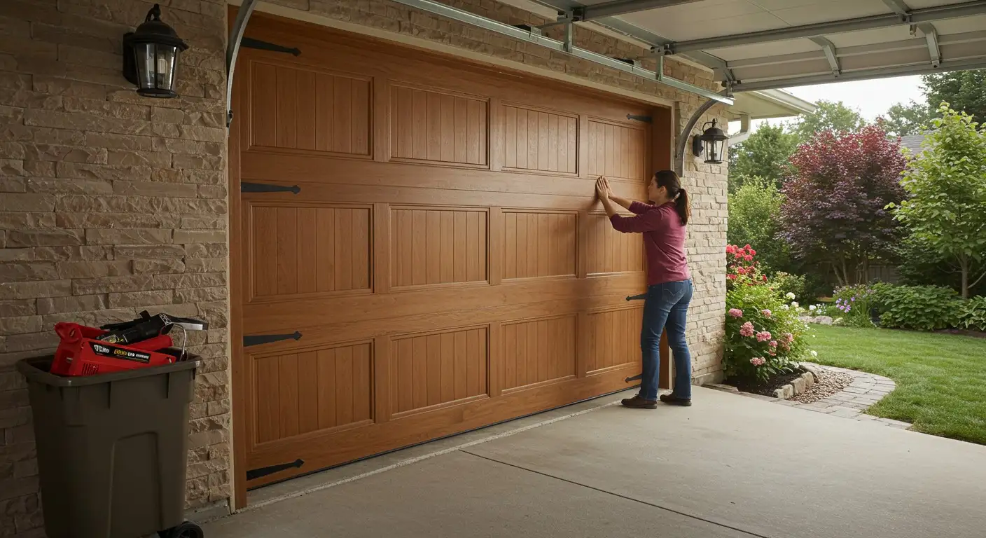 Woman checking wooden garage door panels.
