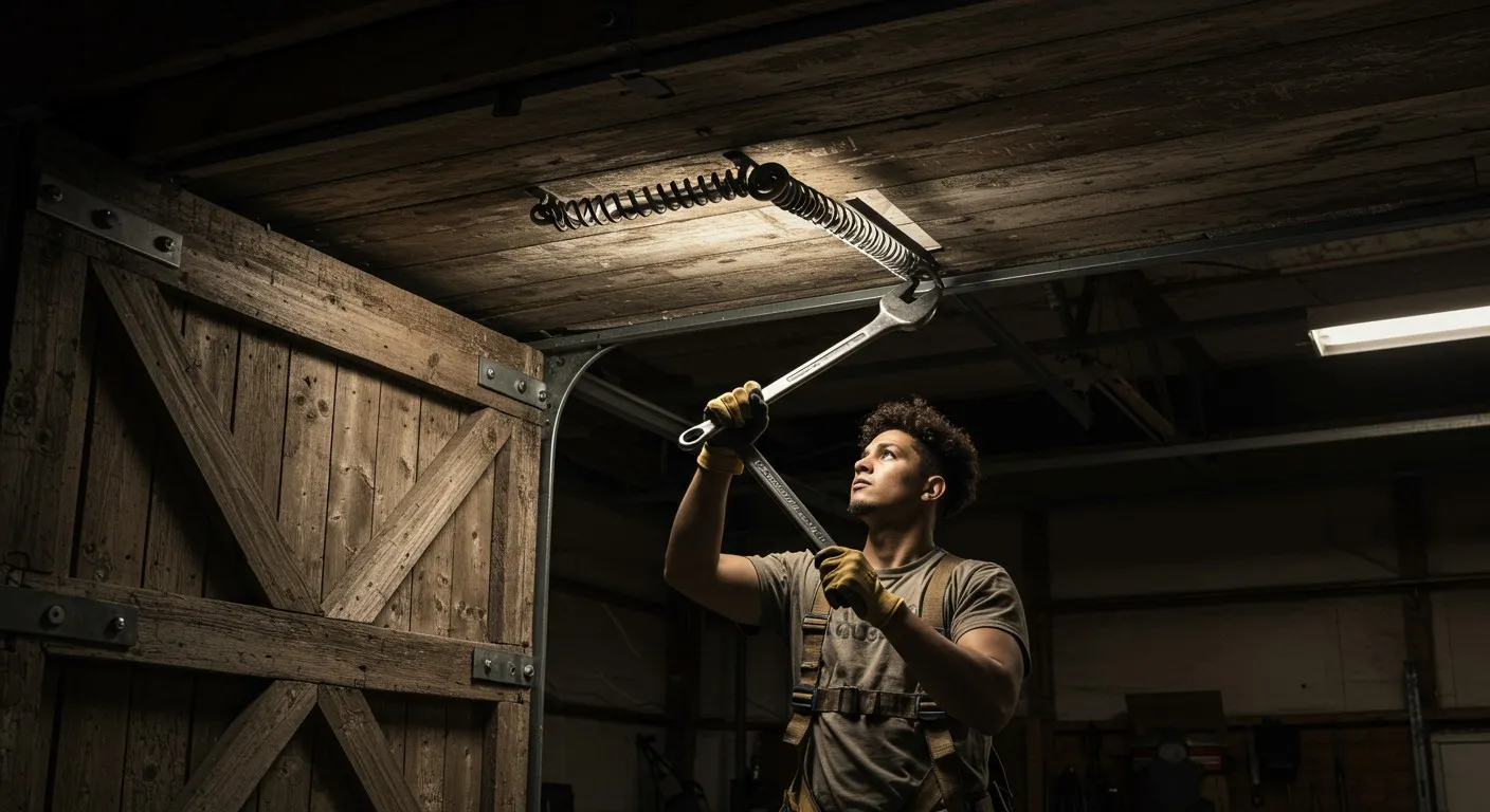 Man fixing garage door spring with wrench.
