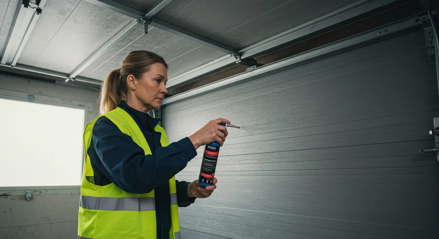 Woman spraying lubricant on garage door.