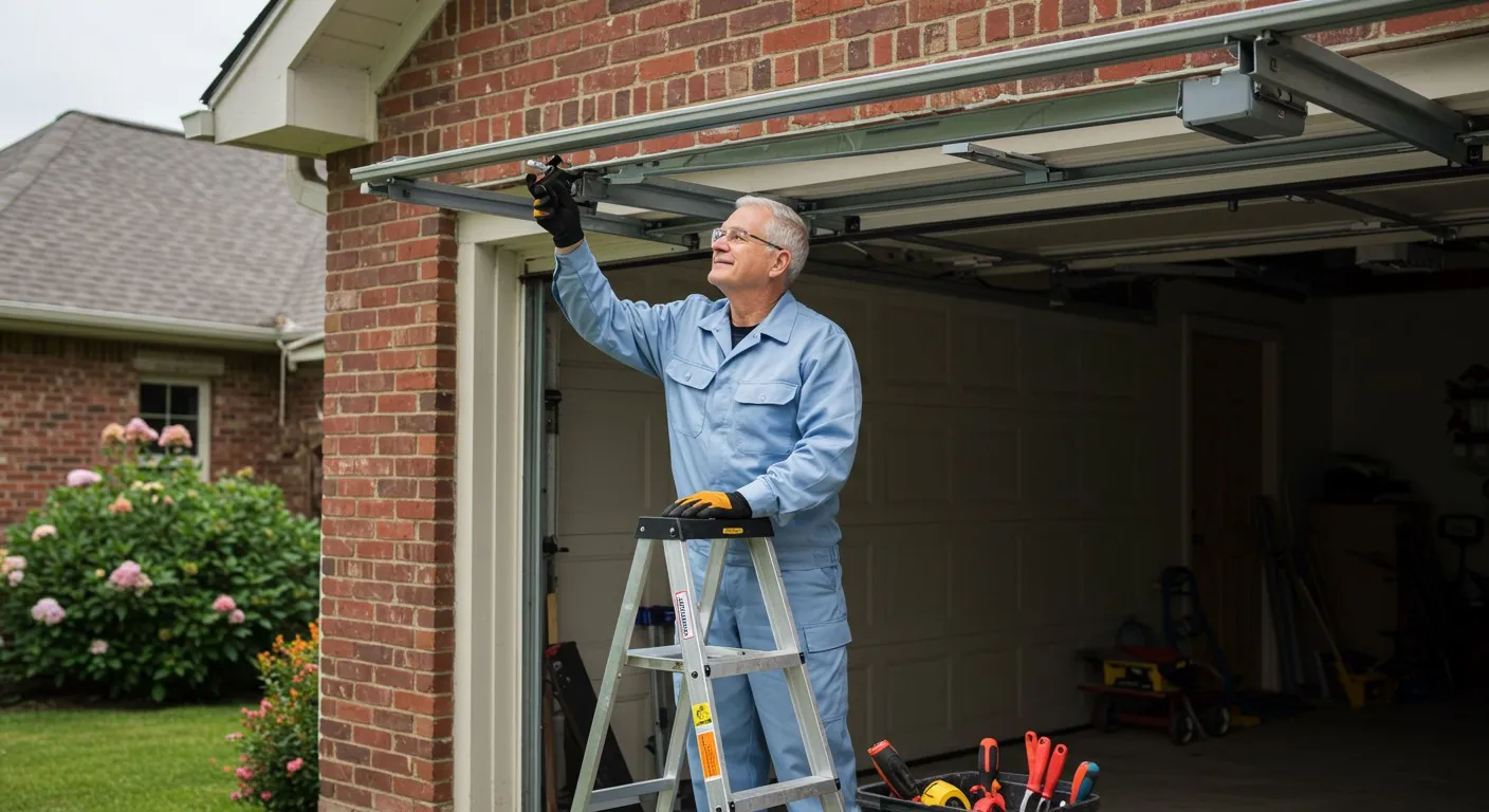 Technician on ladder repairing garage door.