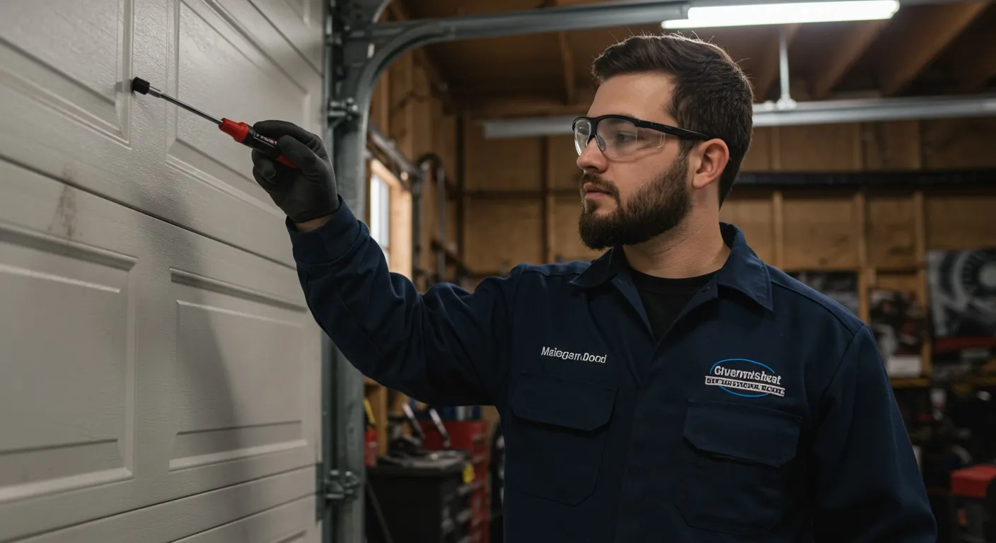 Man in safety glasses and blue uniform, labeled Michigan Door, applies lubricant to a garage door in a workshop.