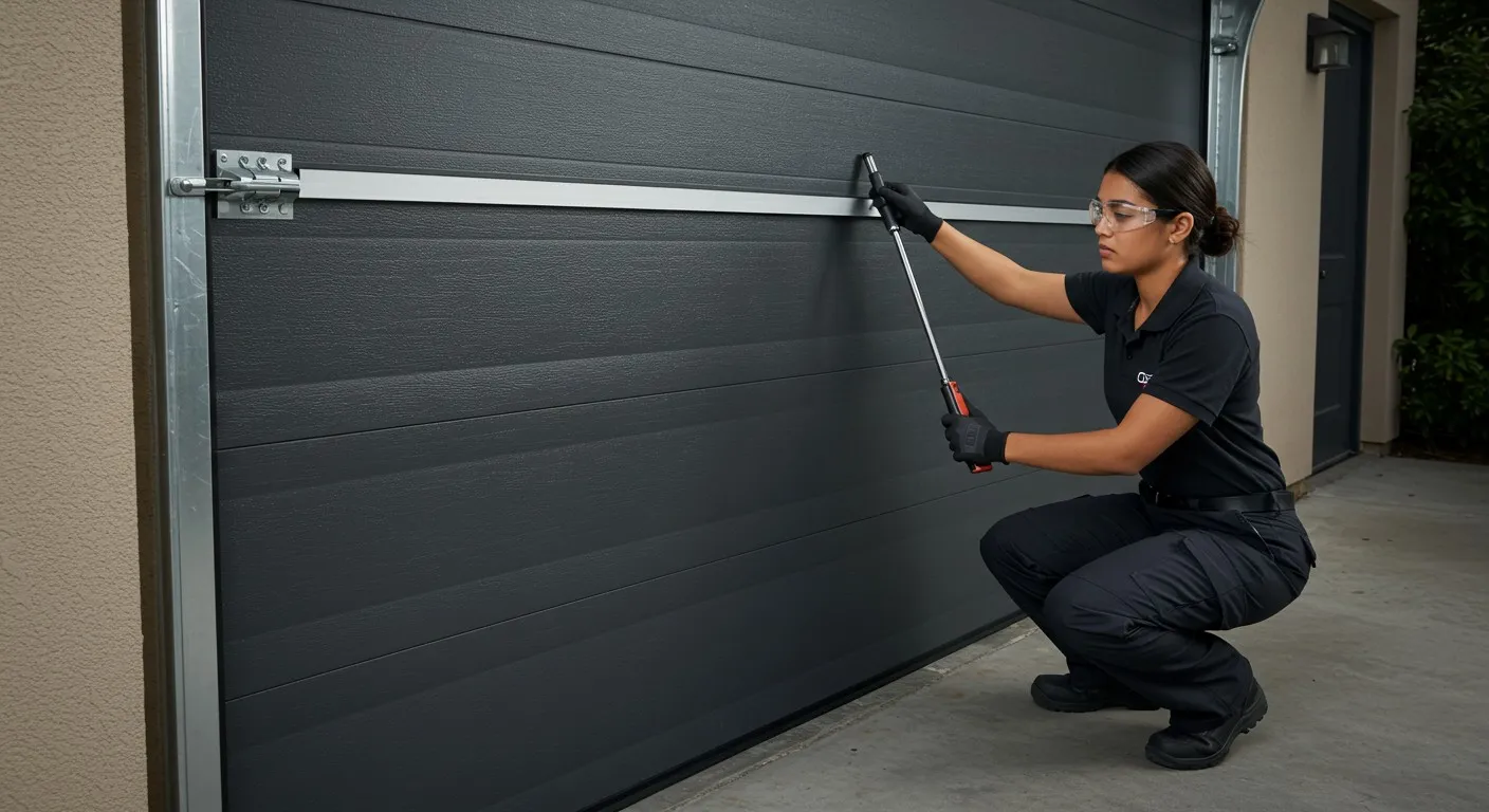 A person wearing safety goggles and gloves crouches to repair a large, closed, dark garage door.