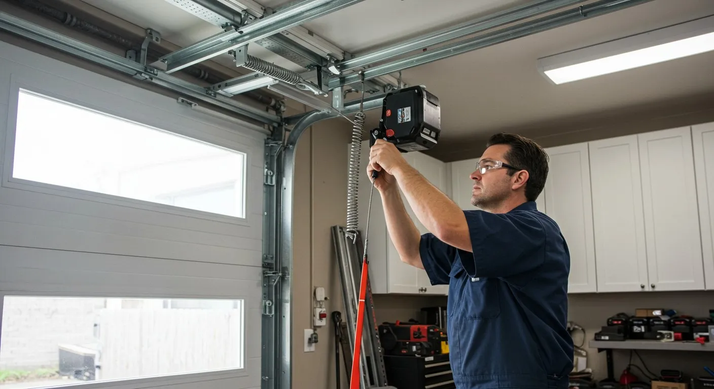 Man repairing the garage door opener.