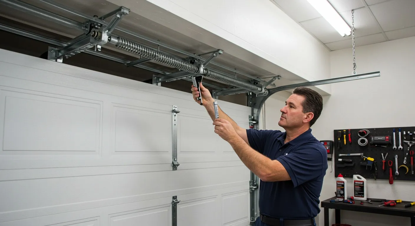 Man repairing the garage door springs.