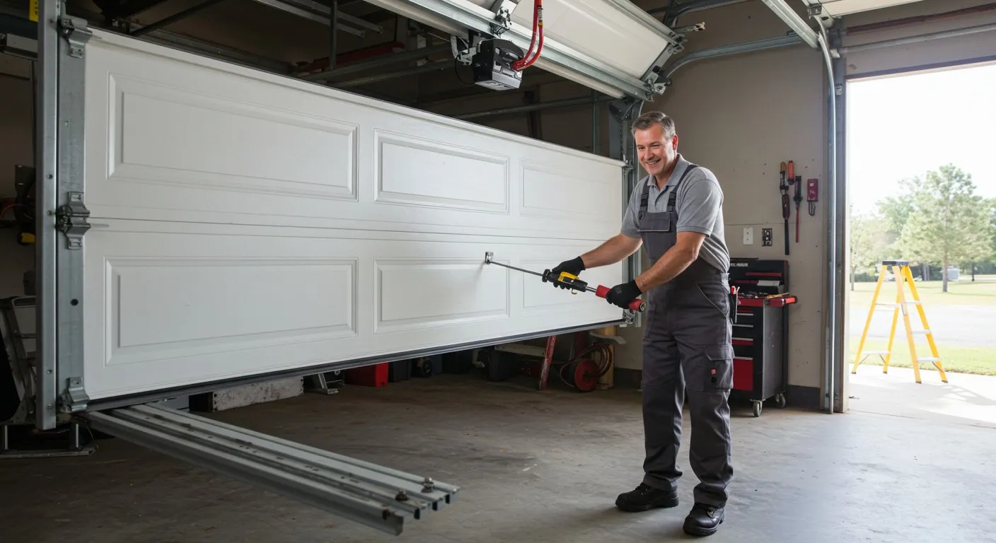 Man smiling while fixing garage door.