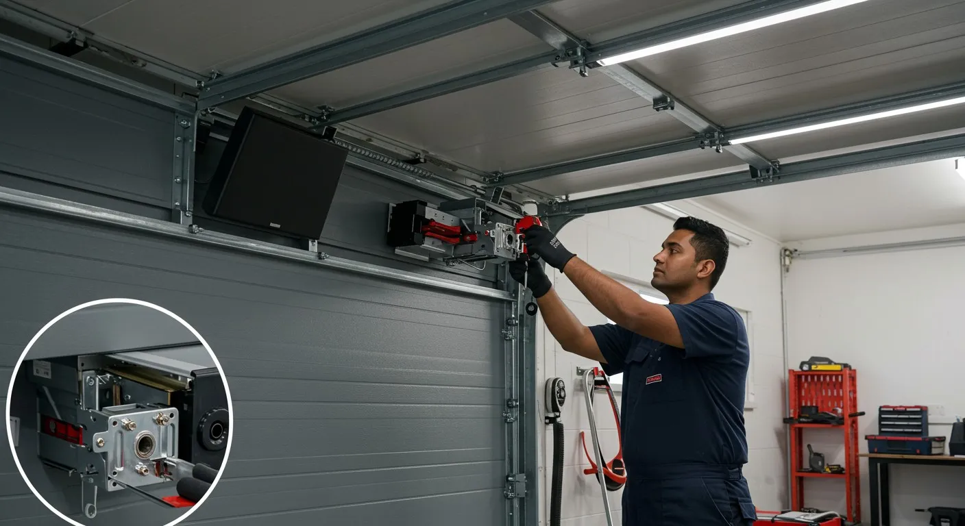 Man adjusting the garage door motor.
