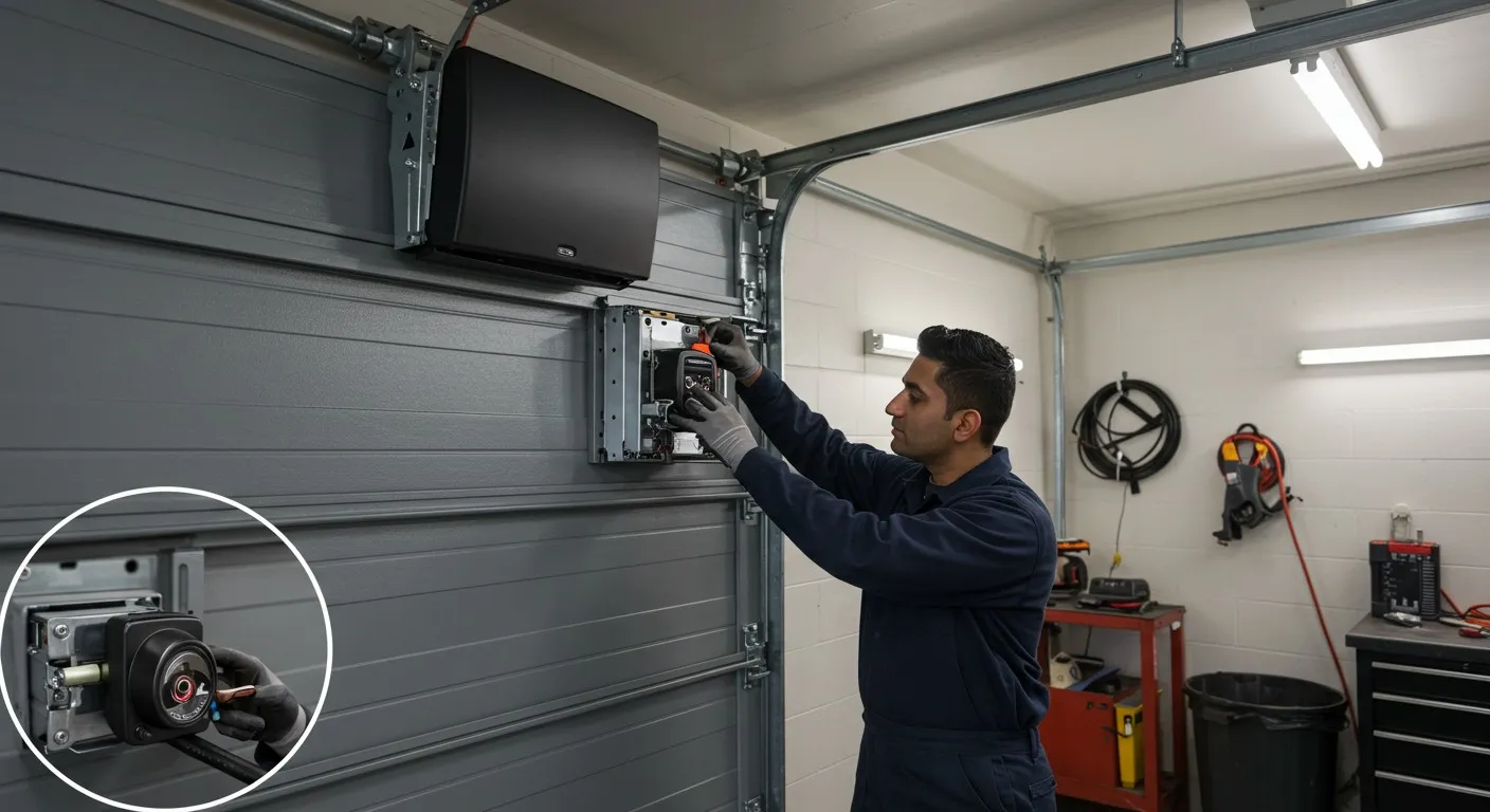 A technician in a garage works on a gray door opener, using a tool with precision.