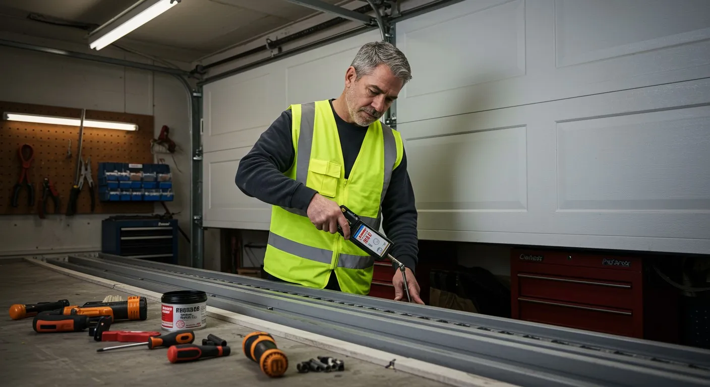 Man lubricating the garage door seal.