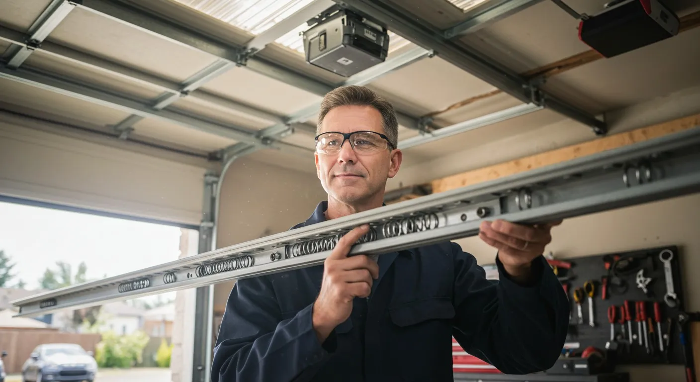 A person in safety glasses and a navy work uniform examines a metal track in a well-lit garage.