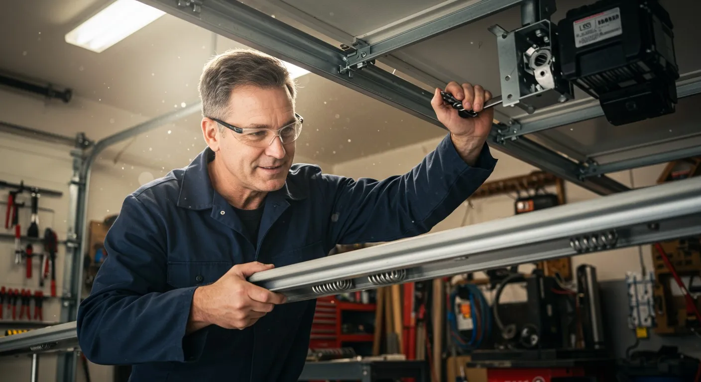 A man in safety glasses and a blue work uniform inspects a garage door opener mechanism.