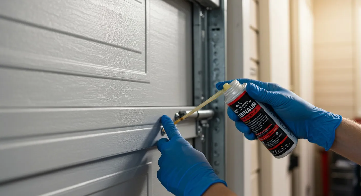 Hands in gloves lubricating a hinge.