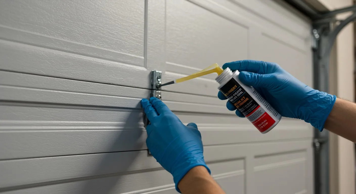 Hands in gloves lubricating a hinge.