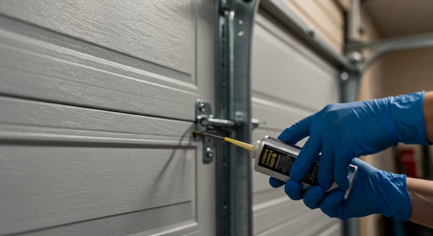 A person wearing blue gloves applies lubricant to a metal hinge on a gray garage door,