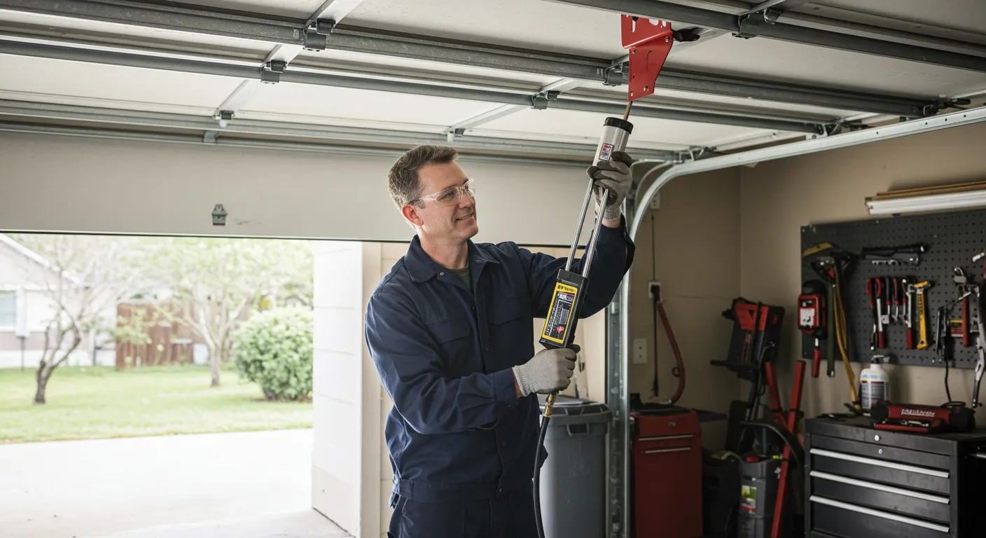 Man servicing garage door spring system.