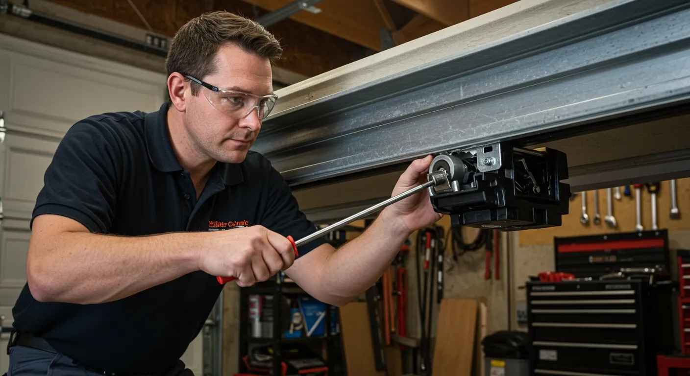 Man working on garage door motor.