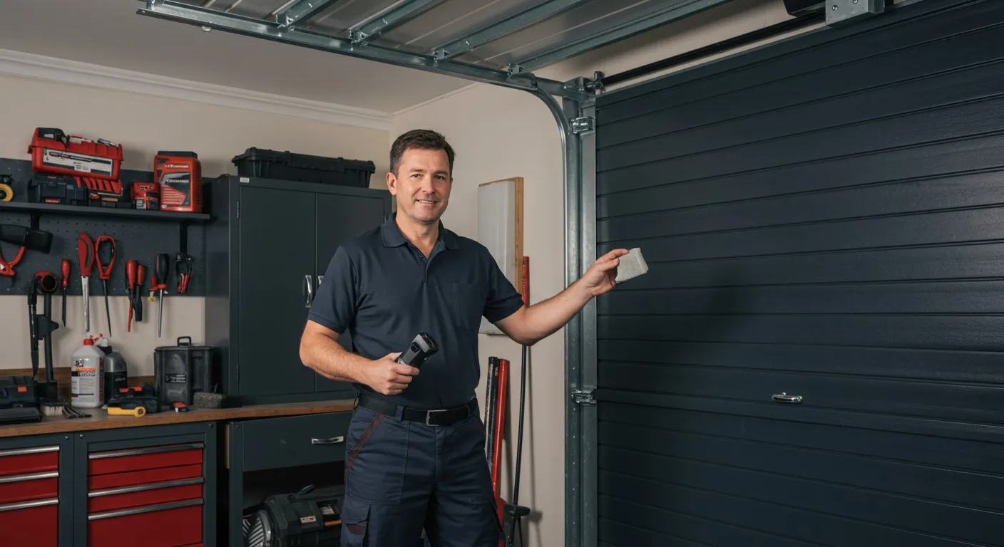 Man installing gray garage door.