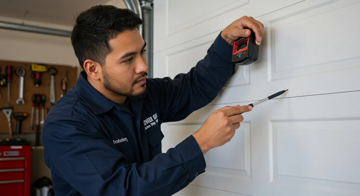 Man marking white garage door.