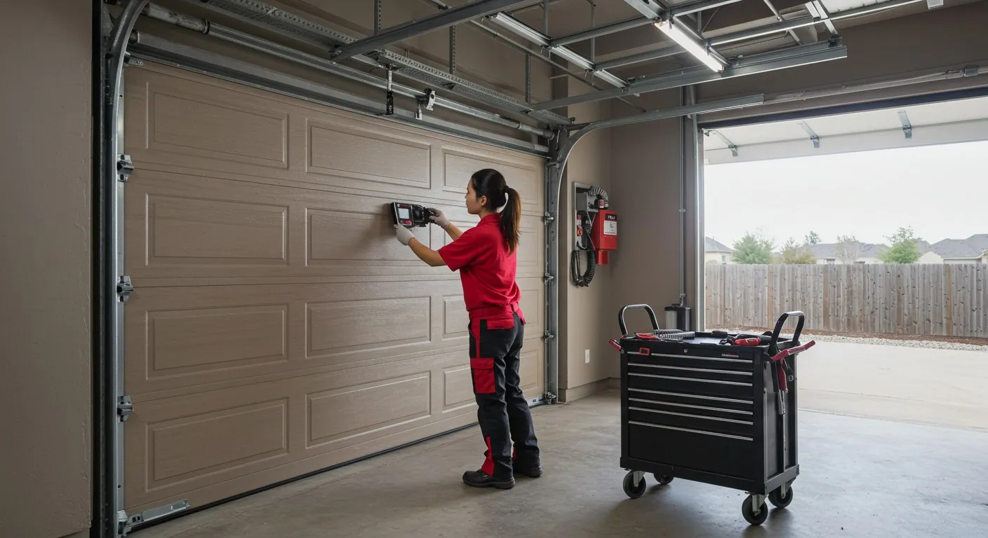 Woman measuring a garage door.