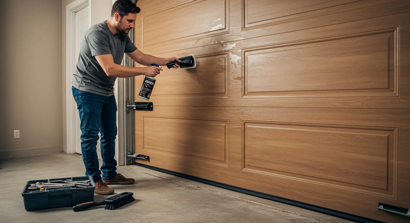 Man cleaning a wooden garage door.