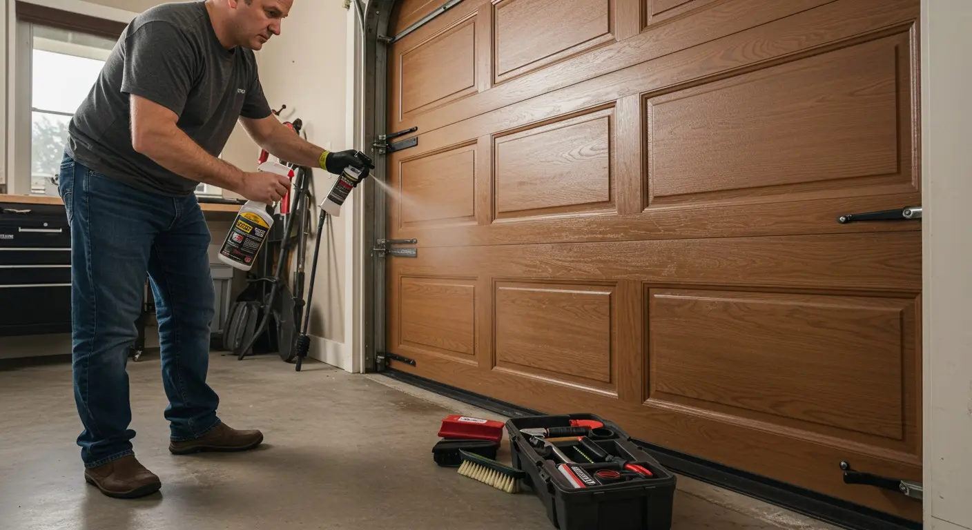 A man cleaning a brown garage door.