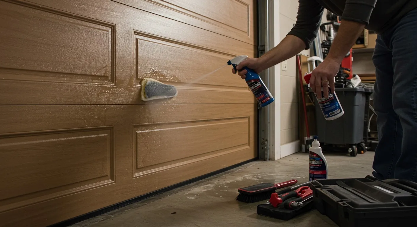 Man cleaning brown wooden garage door.