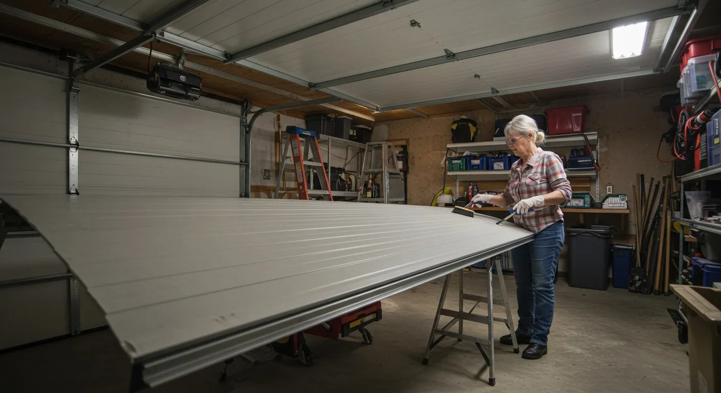 Woman repairing large garage door.