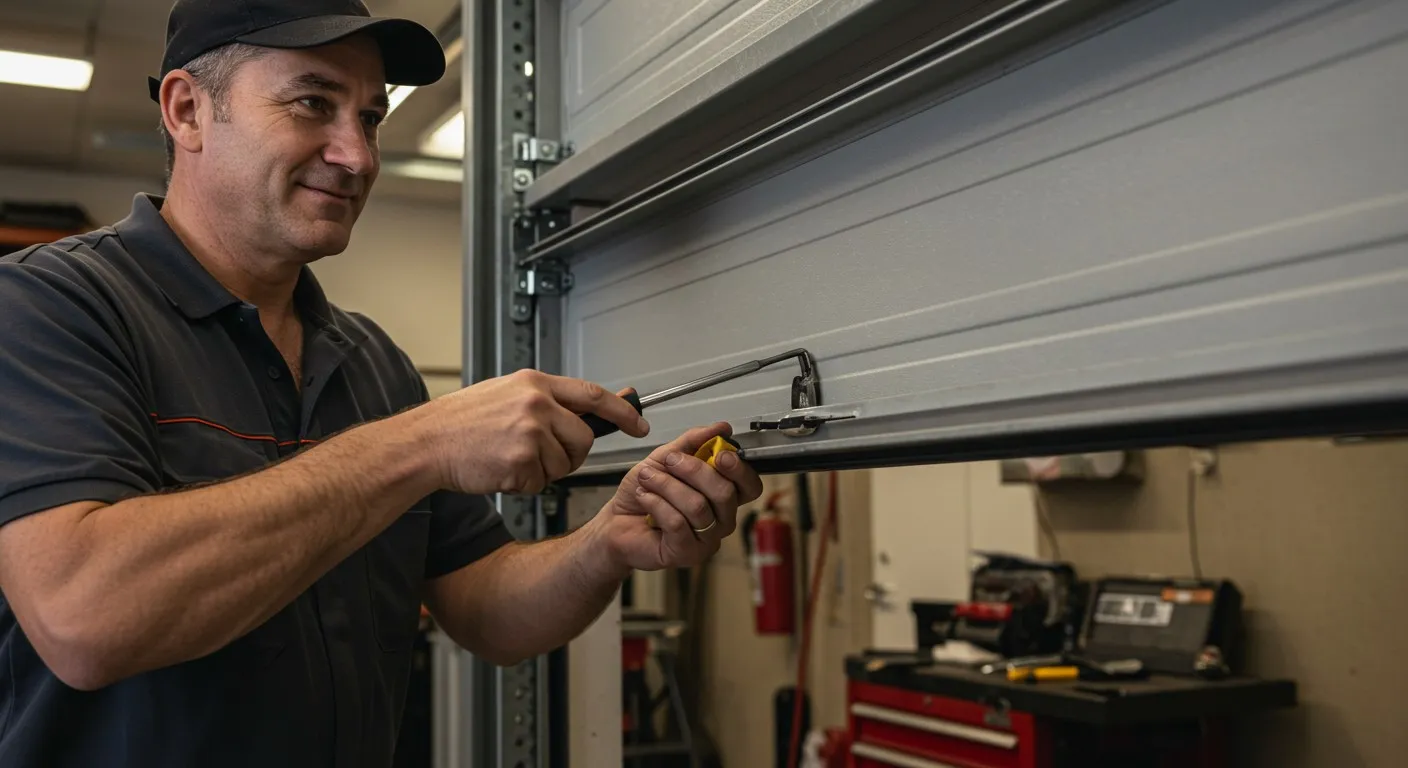 A man in a cap and uniform fixes a garage door with a wrench in a workshop, appearing focused and content.